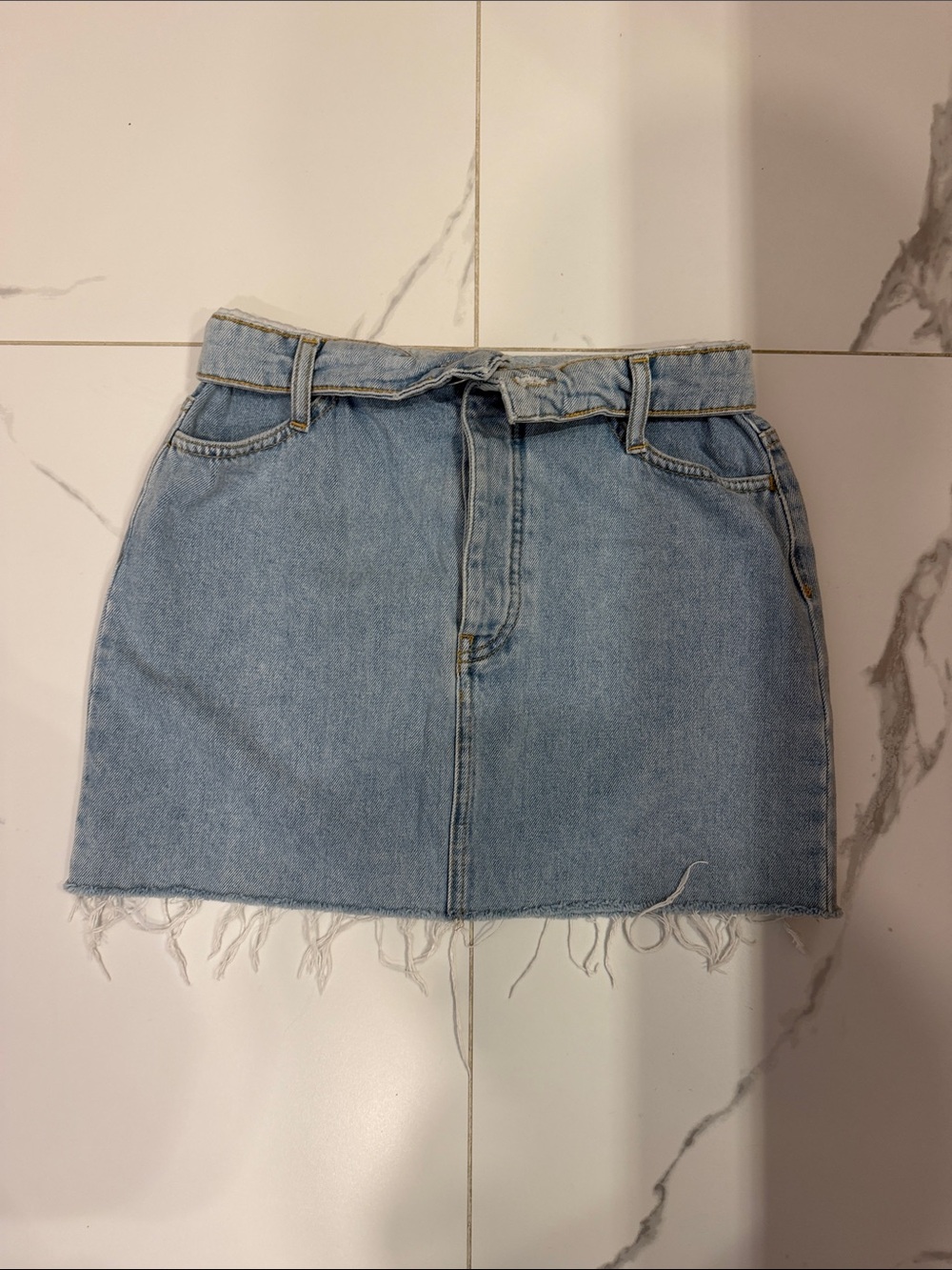 Simons Light Blue Denim Mini Skirt with Raw Fringe Hem